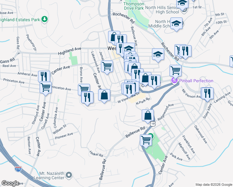 map of restaurants, bars, coffee shops, grocery stores, and more near 1 Montclair Avenue in Pittsburgh