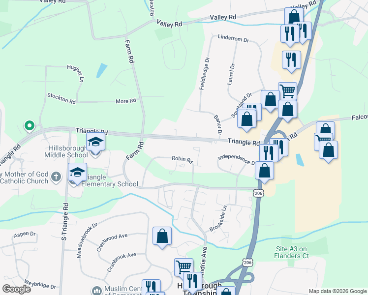 map of restaurants, bars, coffee shops, grocery stores, and more near 862 Robin Road in Hillsborough Township