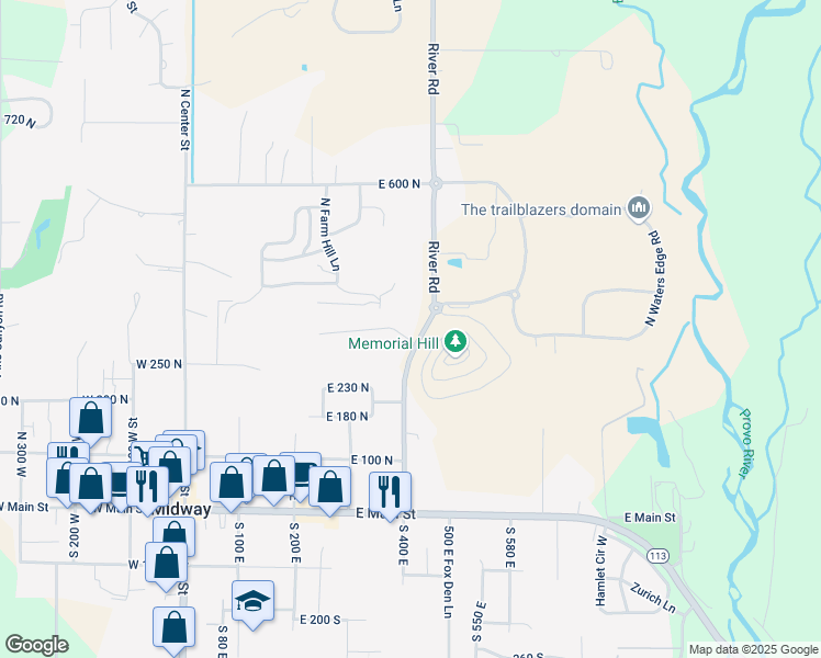 map of restaurants, bars, coffee shops, grocery stores, and more near 401 East 300 North in Midway