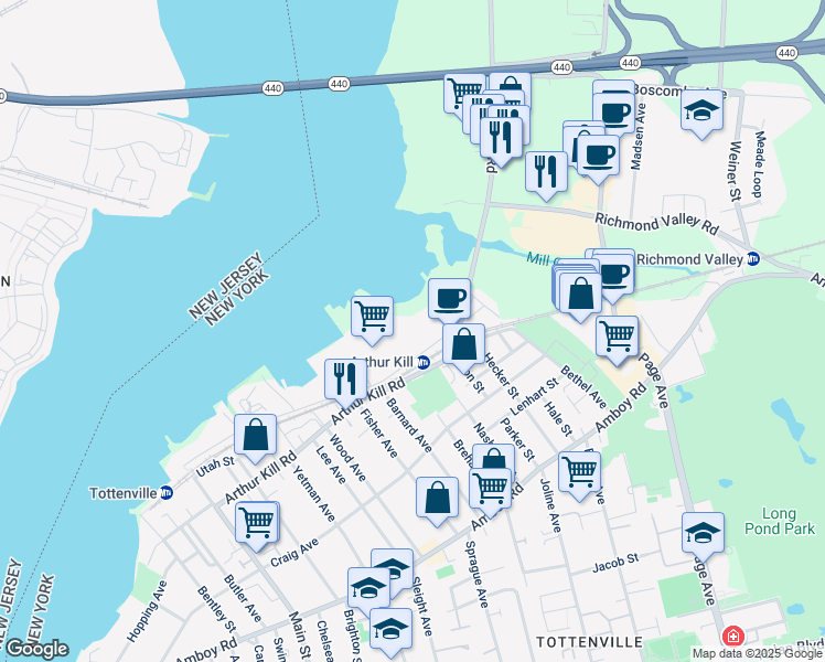 map of restaurants, bars, coffee shops, grocery stores, and more near 101M Ellis Street in Staten Island