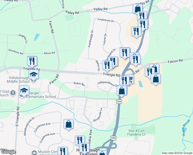 map of restaurants, bars, coffee shops, grocery stores, and more near 362 Triangle Road in Somerset County