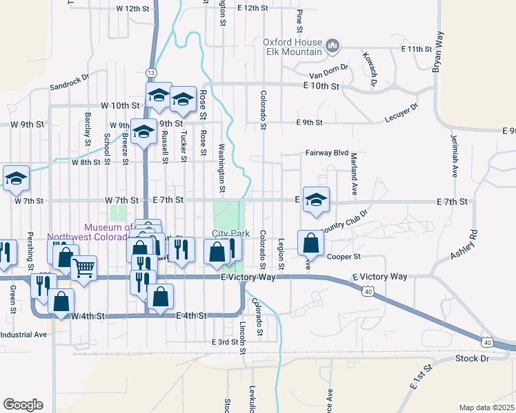 map of restaurants, bars, coffee shops, grocery stores, and more near 523 East 7th Street in Craig