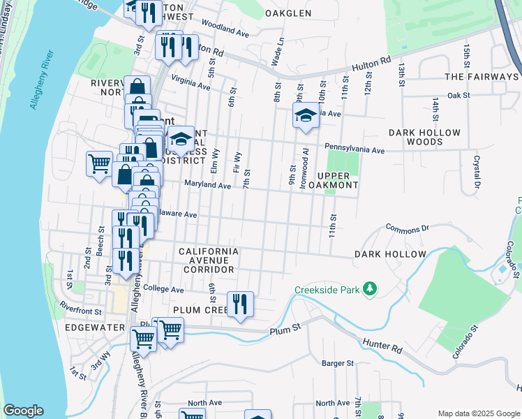 map of restaurants, bars, coffee shops, grocery stores, and more near 536 7th Street in Oakmont