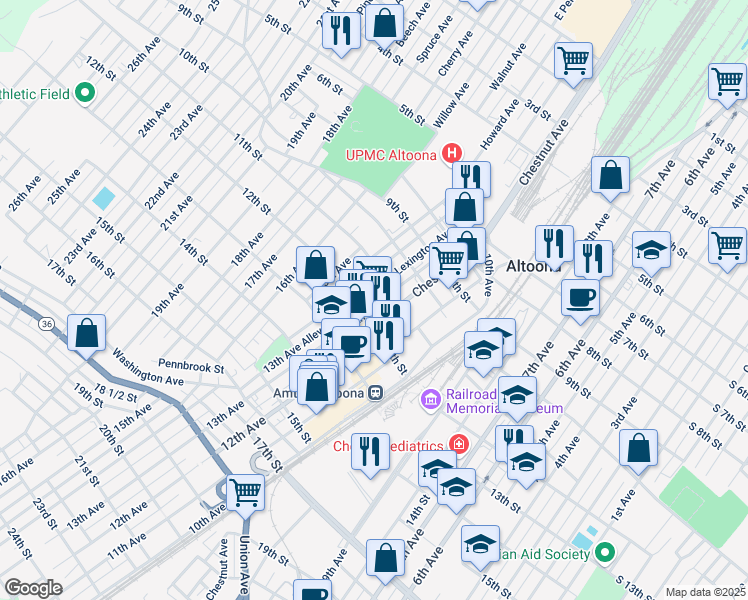 map of restaurants, bars, coffee shops, grocery stores, and more near 1117-19 14th Avenue in Altoona