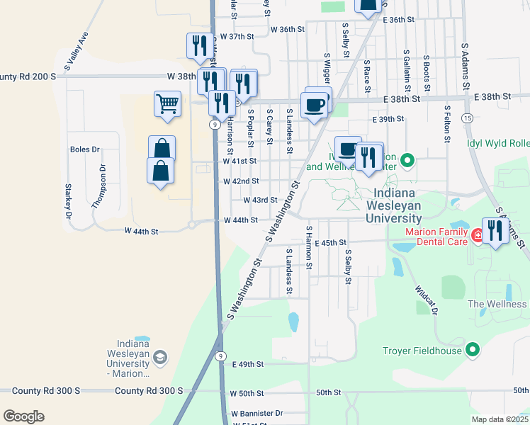map of restaurants, bars, coffee shops, grocery stores, and more near 4301 South Poplar Street in Marion