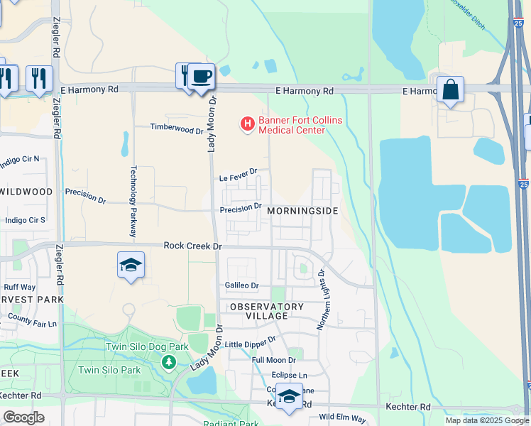 map of restaurants, bars, coffee shops, grocery stores, and more near 3721 Precision Drive in Fort Collins