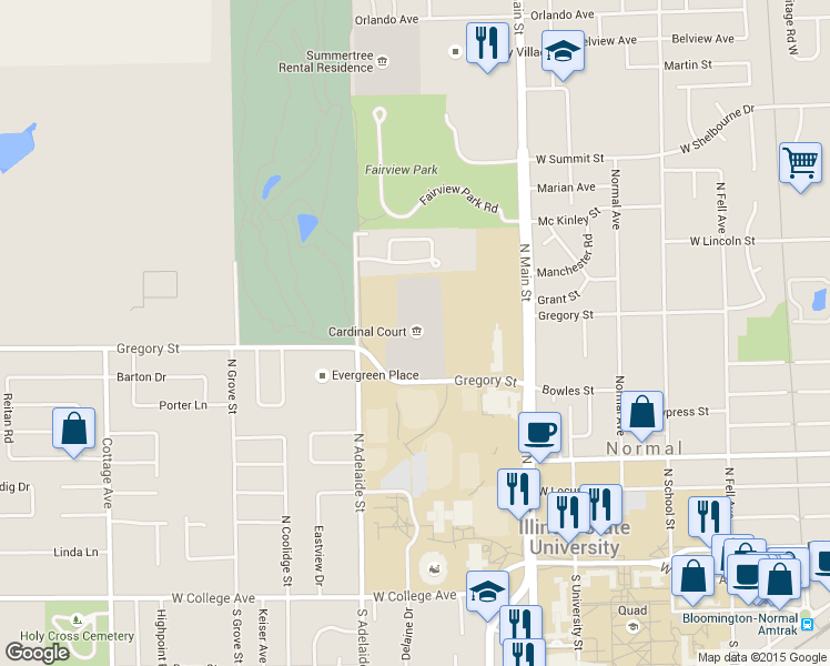 map of restaurants, bars, coffee shops, grocery stores, and more near 700 Gregory Street in Normal