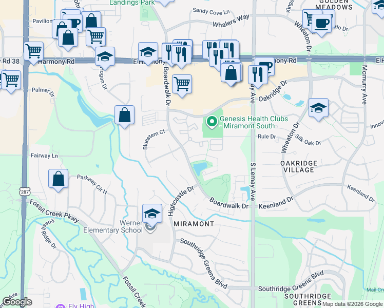 map of restaurants, bars, coffee shops, grocery stores, and more near 4900 Boardwalk Drive in Fort Collins