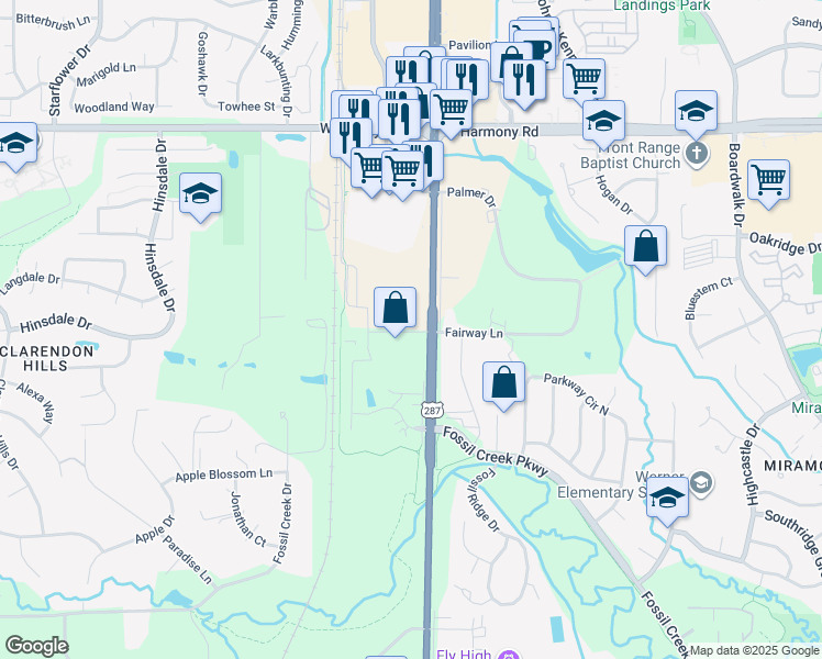map of restaurants, bars, coffee shops, grocery stores, and more near 4921 South College Avenue in Fort Collins