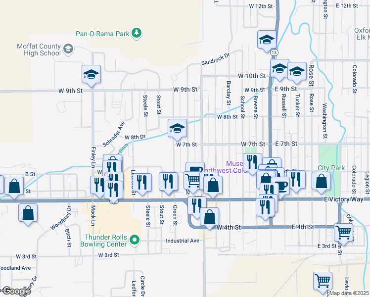 map of restaurants, bars, coffee shops, grocery stores, and more near 700 Pershing Street in Craig