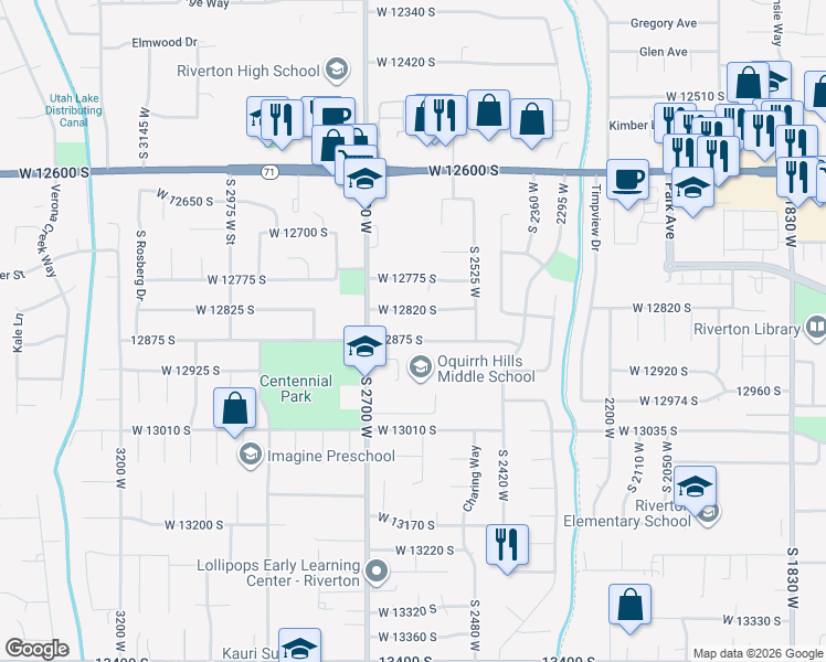 map of restaurants, bars, coffee shops, grocery stores, and more near 2609 West 12820 South in Riverton