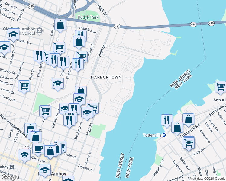 map of restaurants, bars, coffee shops, grocery stores, and more near 594 Great Beds Court in Perth Amboy
