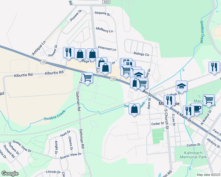 map of restaurants, bars, coffee shops, grocery stores, and more near 3328-3360 Highway 100 in Macungie
