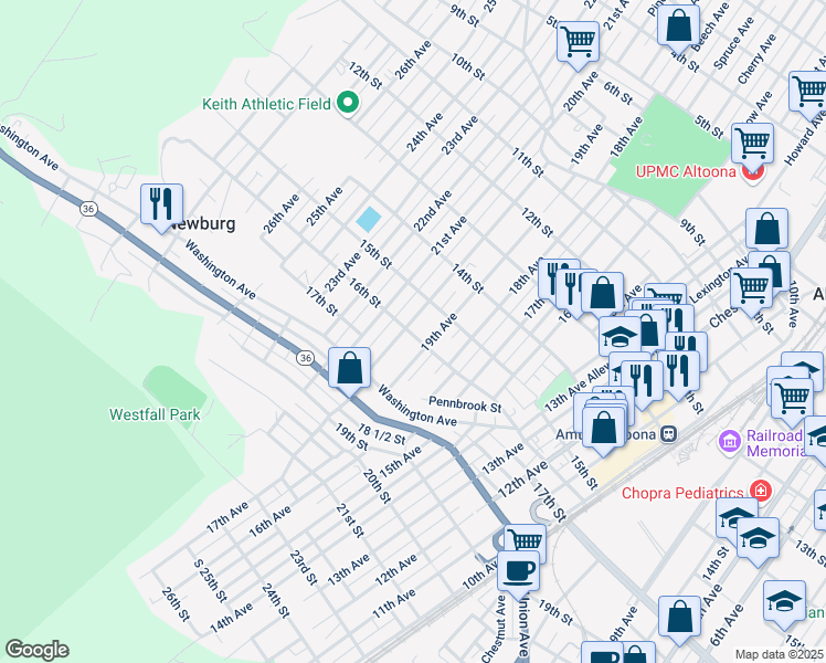 map of restaurants, bars, coffee shops, grocery stores, and more near 1511 20th Avenue in Altoona
