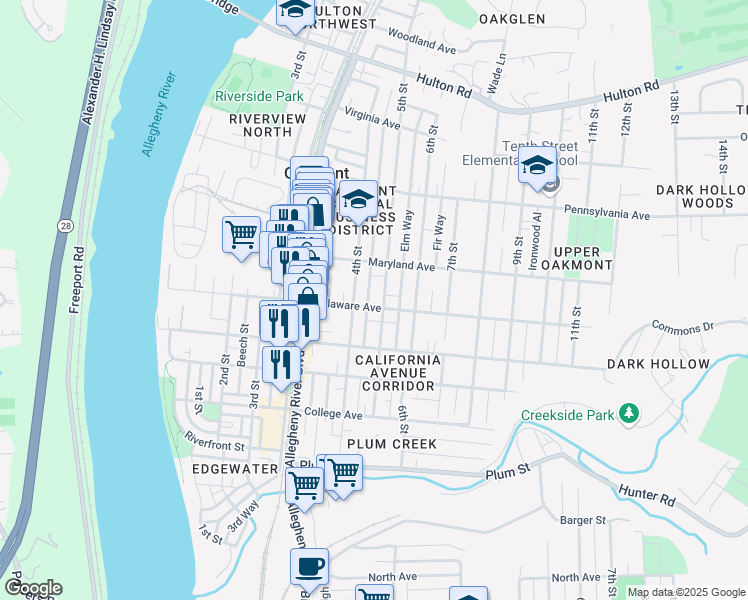 map of restaurants, bars, coffee shops, grocery stores, and more near 516 4th Street in Oakmont
