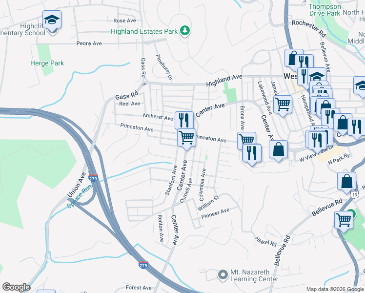map of restaurants, bars, coffee shops, grocery stores, and more near 105 Stanford Avenue in Pittsburgh