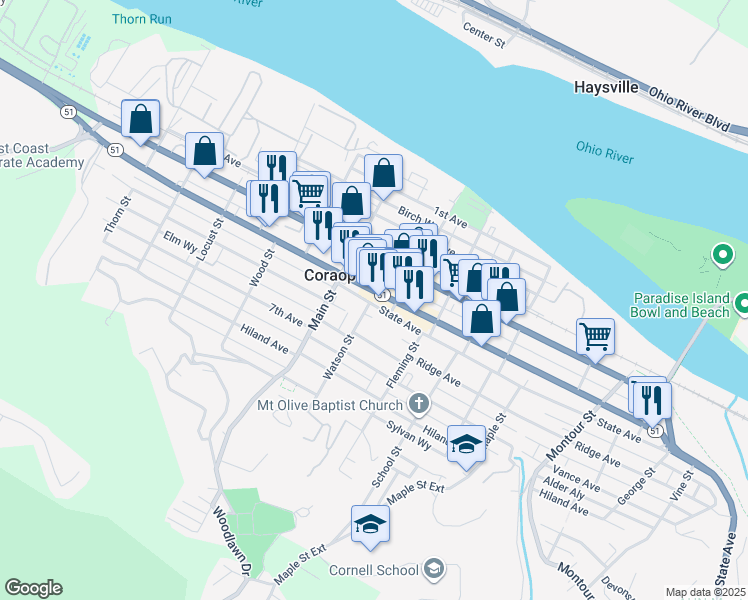 map of restaurants, bars, coffee shops, grocery stores, and more near in Coraopolis