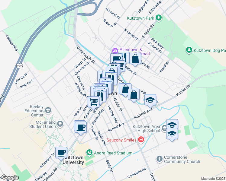 map of restaurants, bars, coffee shops, grocery stores, and more near 164 West Main Street in Kutztown