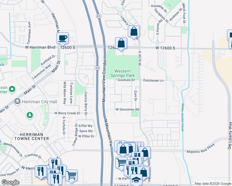 map of restaurants, bars, coffee shops, grocery stores, and more near 12867 Goshute Drive in Riverton