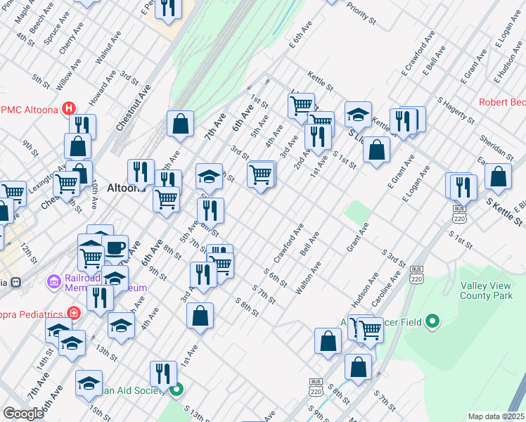 map of restaurants, bars, coffee shops, grocery stores, and more near 407 3rd Avenue in Altoona