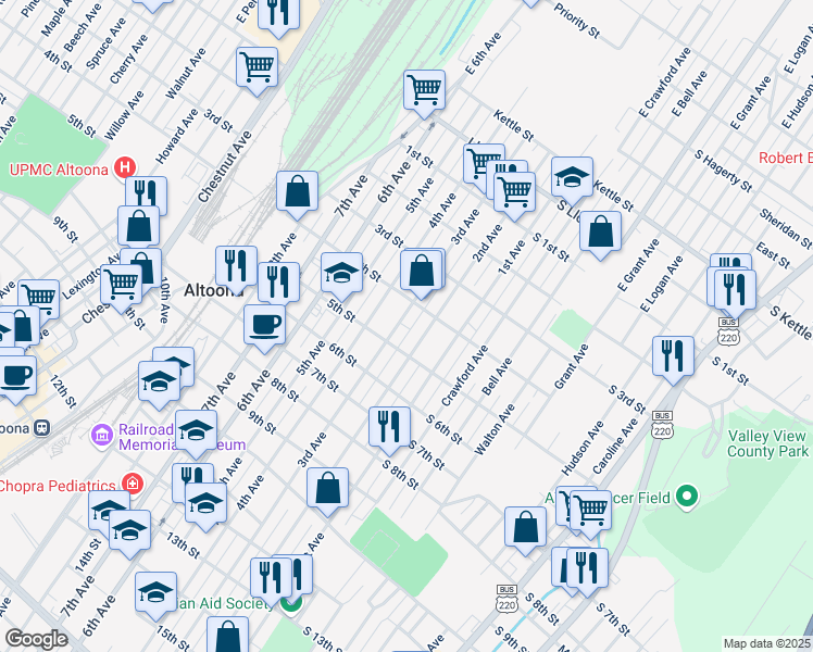 map of restaurants, bars, coffee shops, grocery stores, and more near 407 3rd Avenue in Altoona