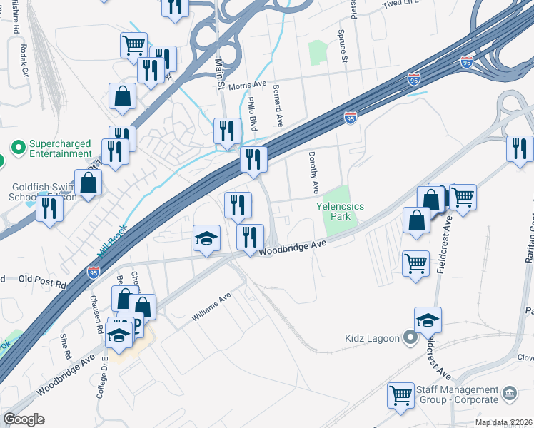 map of restaurants, bars, coffee shops, grocery stores, and more near 33 Main Street in Edison