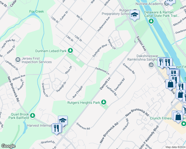 map of restaurants, bars, coffee shops, grocery stores, and more near 66 Rue Chagall in Franklin Township