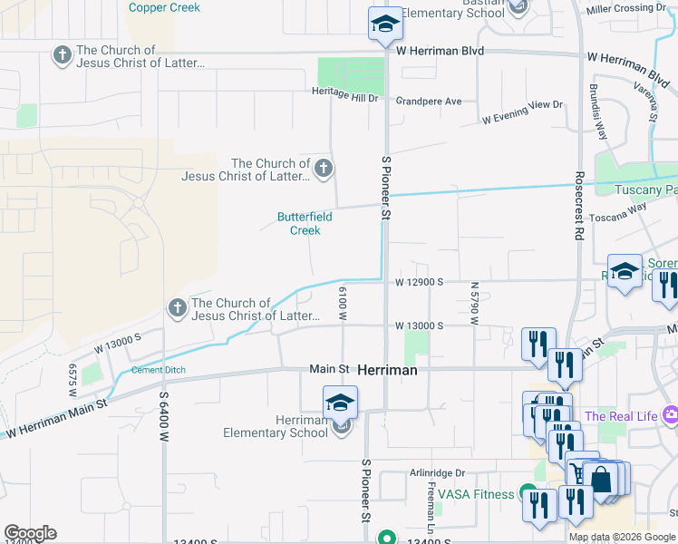 map of restaurants, bars, coffee shops, grocery stores, and more near 12858 South Bigwig Drive in Herriman