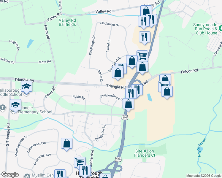 map of restaurants, bars, coffee shops, grocery stores, and more near 374 Triangle Road in Hillsborough Township
