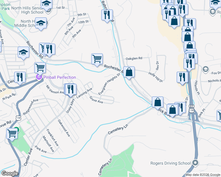 map of restaurants, bars, coffee shops, grocery stores, and more near 112 Orchard Square in Pittsburgh