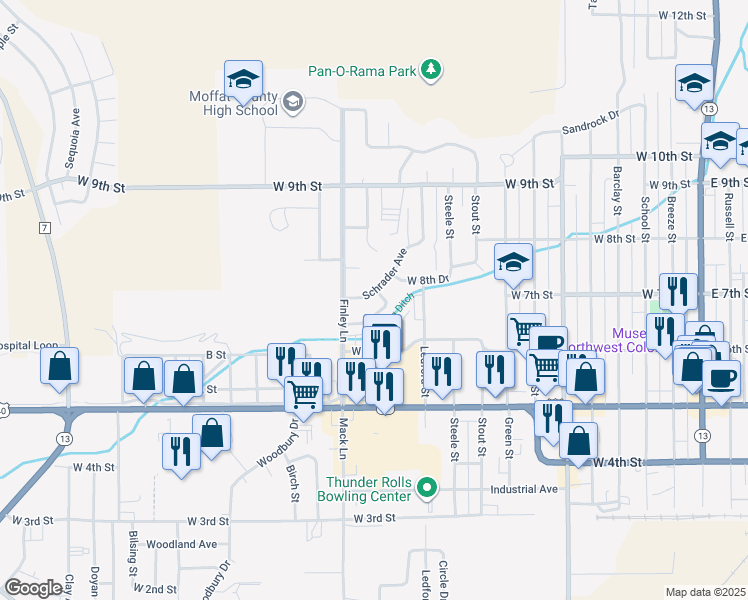 map of restaurants, bars, coffee shops, grocery stores, and more near 1279 Schrader Avenue in Craig