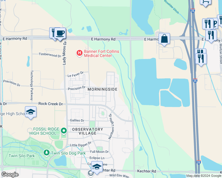 map of restaurants, bars, coffee shops, grocery stores, and more near 3902 Precision Drive in Fort Collins