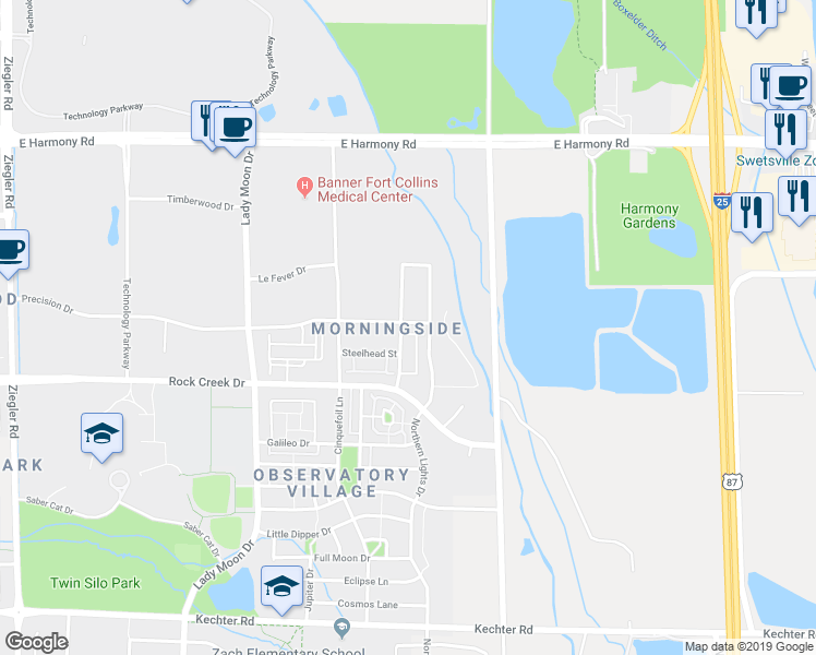 map of restaurants, bars, coffee shops, grocery stores, and more near 3902 Precision Drive in Fort Collins