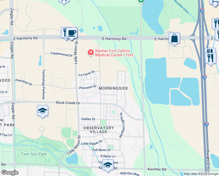 map of restaurants, bars, coffee shops, grocery stores, and more near 3815 Precision Drive in Fort Collins