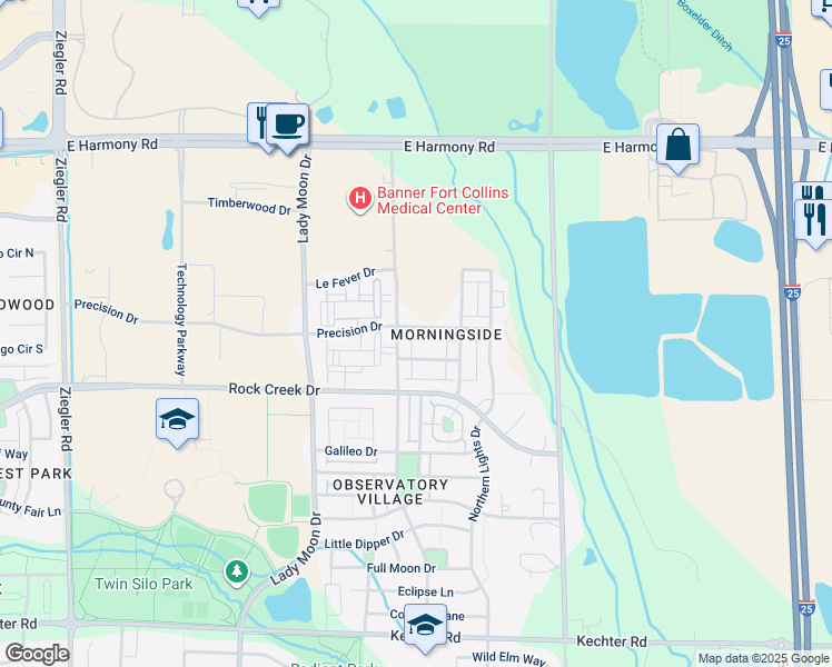 map of restaurants, bars, coffee shops, grocery stores, and more near 3815 Precision Drive in Fort Collins