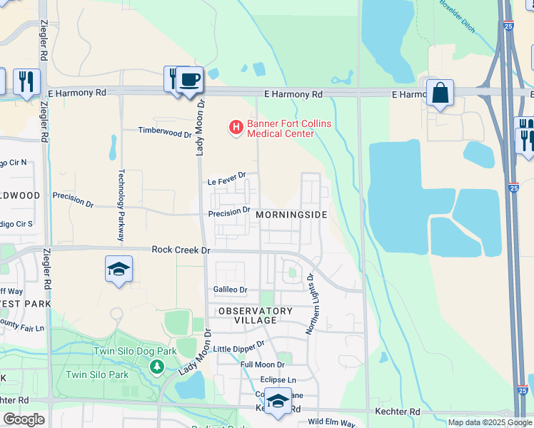 map of restaurants, bars, coffee shops, grocery stores, and more near 3721 Precision Drive in Fort Collins