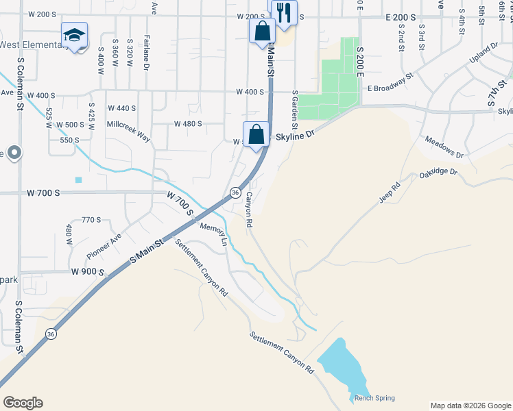 map of restaurants, bars, coffee shops, grocery stores, and more near 591 Lewis Drive in Tooele