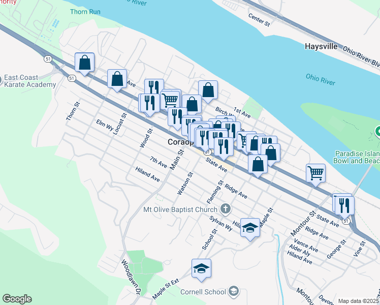 map of restaurants, bars, coffee shops, grocery stores, and more near in Coraopolis