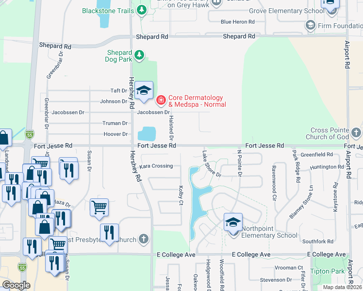 map of restaurants, bars, coffee shops, grocery stores, and more near 2066-2242 Fort Jesse Rd in Bloomington