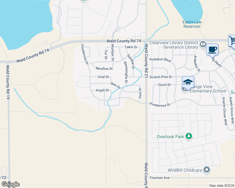 map of restaurants, bars, coffee shops, grocery stores, and more near 949 Barasingha Street in Severance