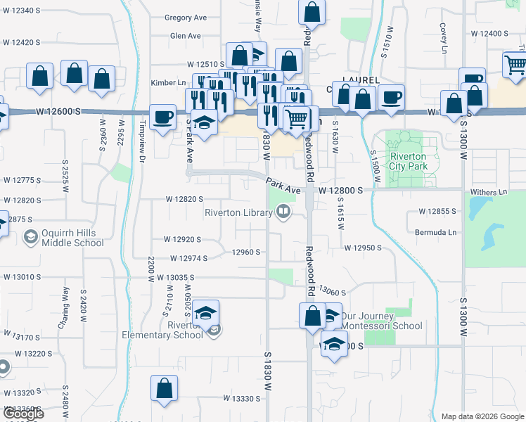 map of restaurants, bars, coffee shops, grocery stores, and more near 1869 Rip's Court in Riverton