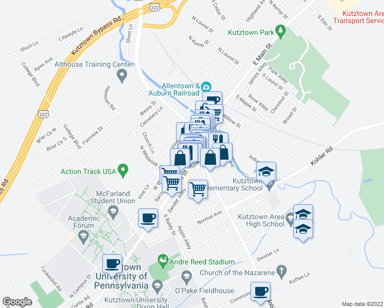 map of restaurants, bars, coffee shops, grocery stores, and more near in Kutztown