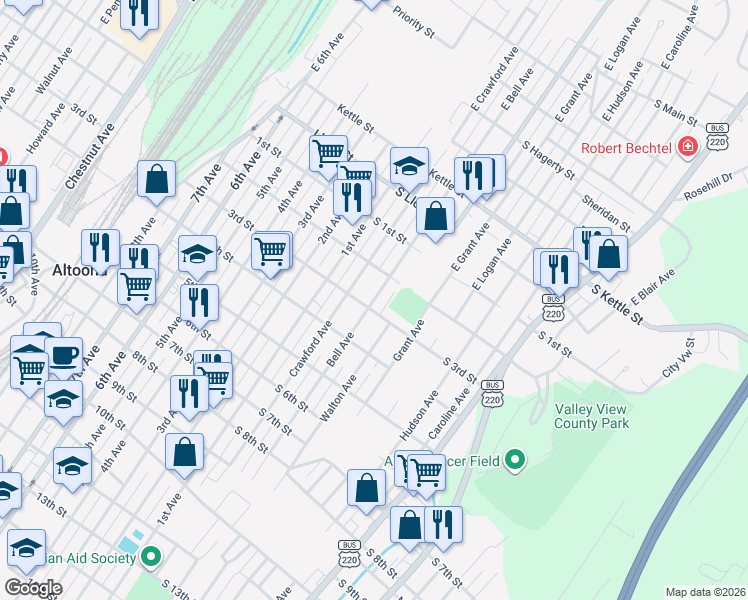 map of restaurants, bars, coffee shops, grocery stores, and more near 224-26 Bell Avenue in Altoona