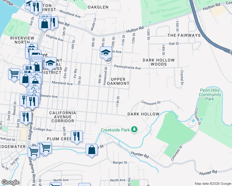 map of restaurants, bars, coffee shops, grocery stores, and more near 547 11th Street in Oakmont