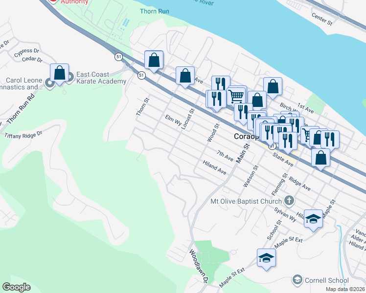 map of restaurants, bars, coffee shops, grocery stores, and more near 645 Hiland Avenue in Coraopolis