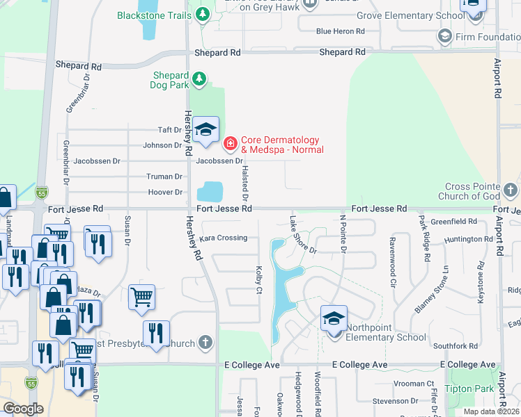 map of restaurants, bars, coffee shops, grocery stores, and more near 2066-2242 Fort Jesse Rd in Bloomington
