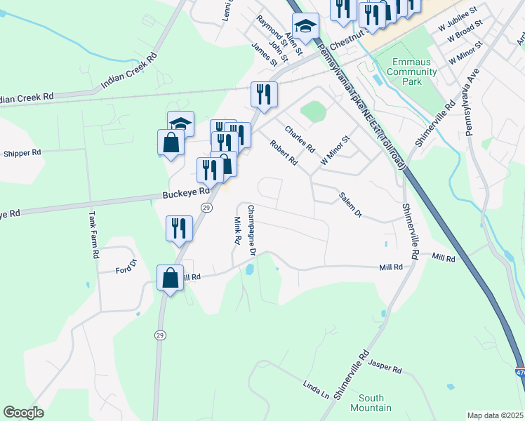map of restaurants, bars, coffee shops, grocery stores, and more near 4020 Mink Road in Emmaus