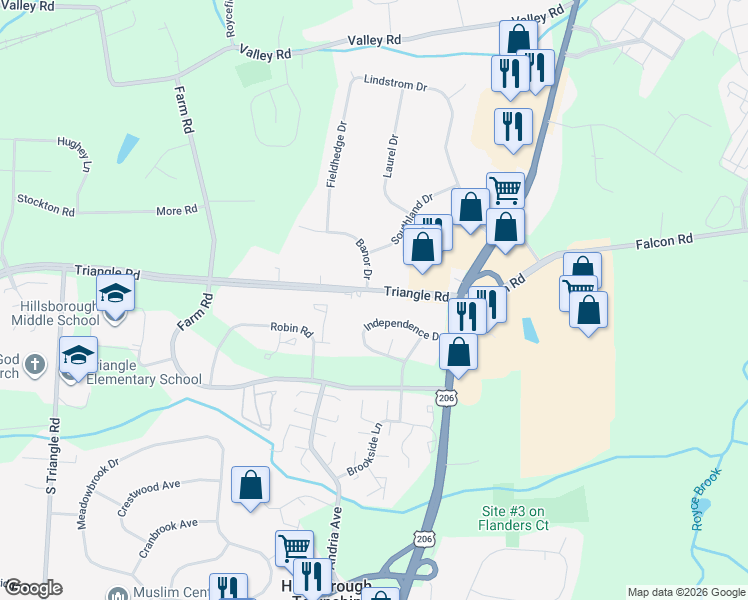 map of restaurants, bars, coffee shops, grocery stores, and more near 362 Triangle Road in Hillsborough Township