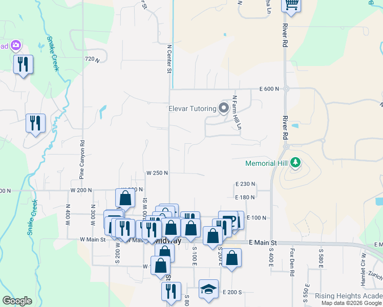map of restaurants, bars, coffee shops, grocery stores, and more near 346 North farmhouse Way in Midway