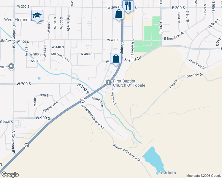 map of restaurants, bars, coffee shops, grocery stores, and more near 598 Canyon Road in Tooele
